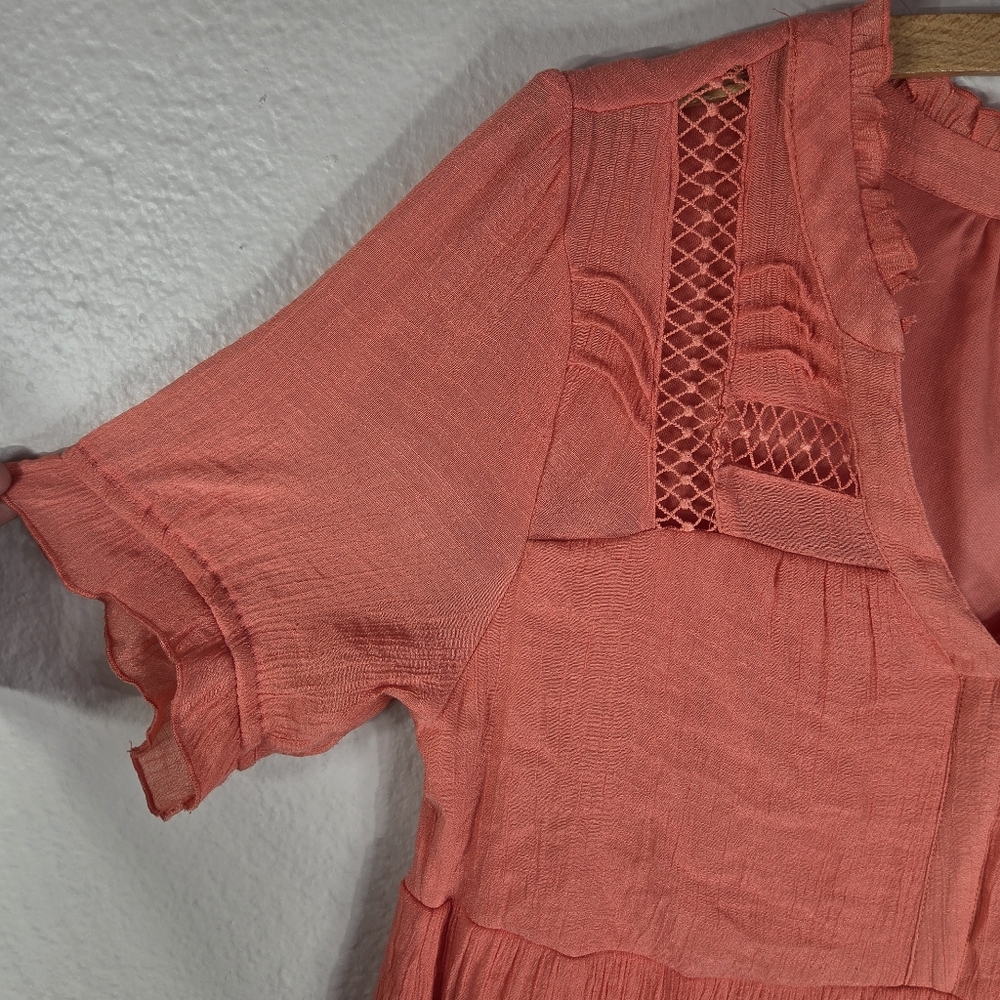 Indigo Rose Orange Size L Mini Swing Dress Embroidered Short Sleeves V-Neck - Picture 4 of 16